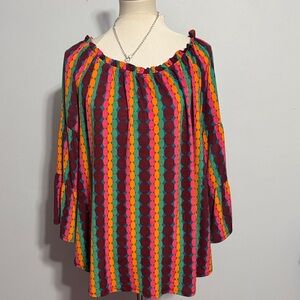 Off-Shoulder Multicolor Stripe & Dot Blouse - Burgundy, Pink, Orange, Green